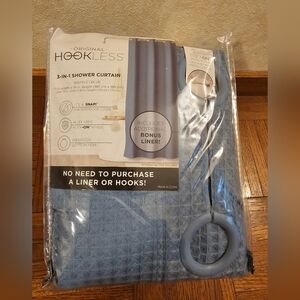 Original Hookless 3-in-1 Waffle Fabric Shower Curtain Set Blue with Bonus Liner